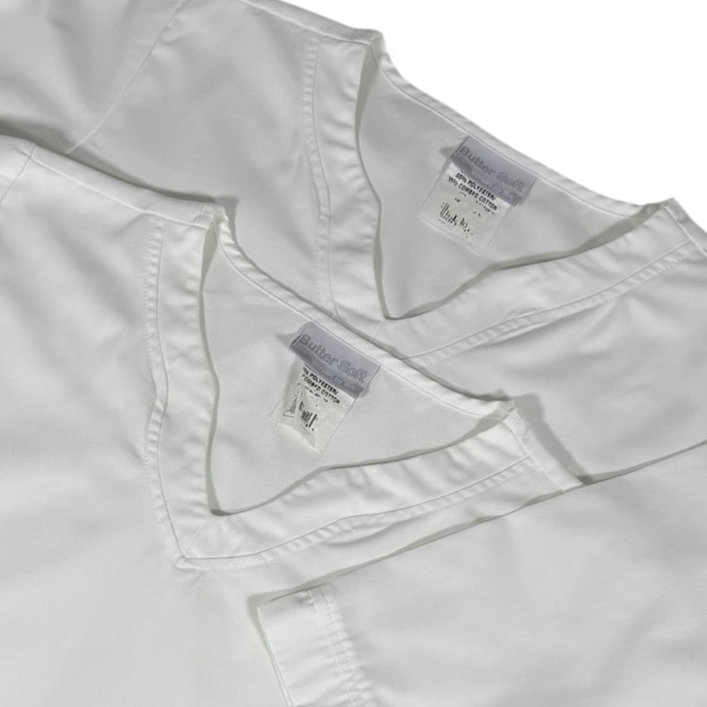 Butter Soft Women's White V-Neck 3/4 Sleeve Scrub Tops Set of 2 Size Large